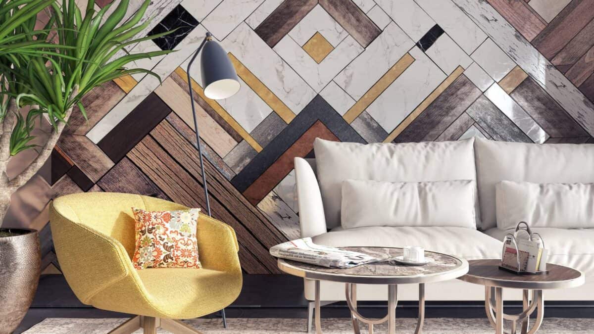 Living room with mixed materials as an accent wall