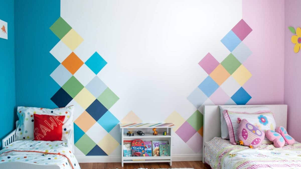 colorful diamonds painted on a wall in kids bedroom