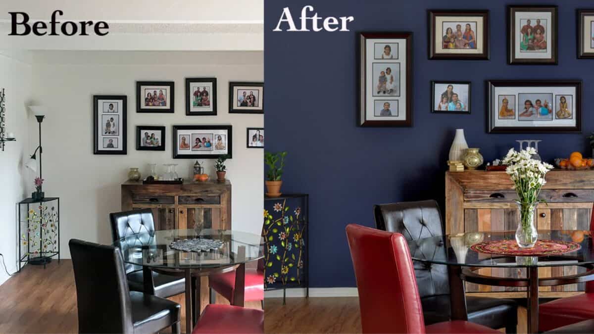 Collage of before and after painting a dining room accent wall navy