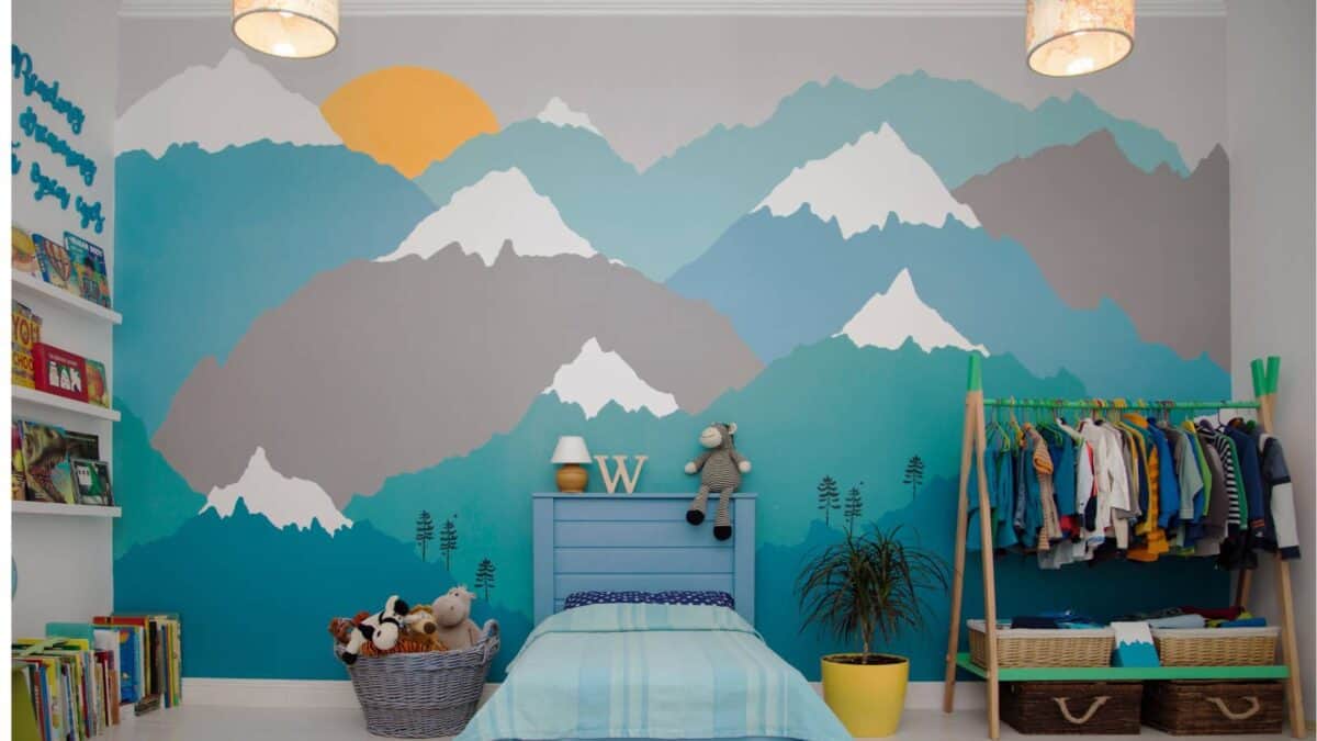 mural of snowcapped hills in child's room