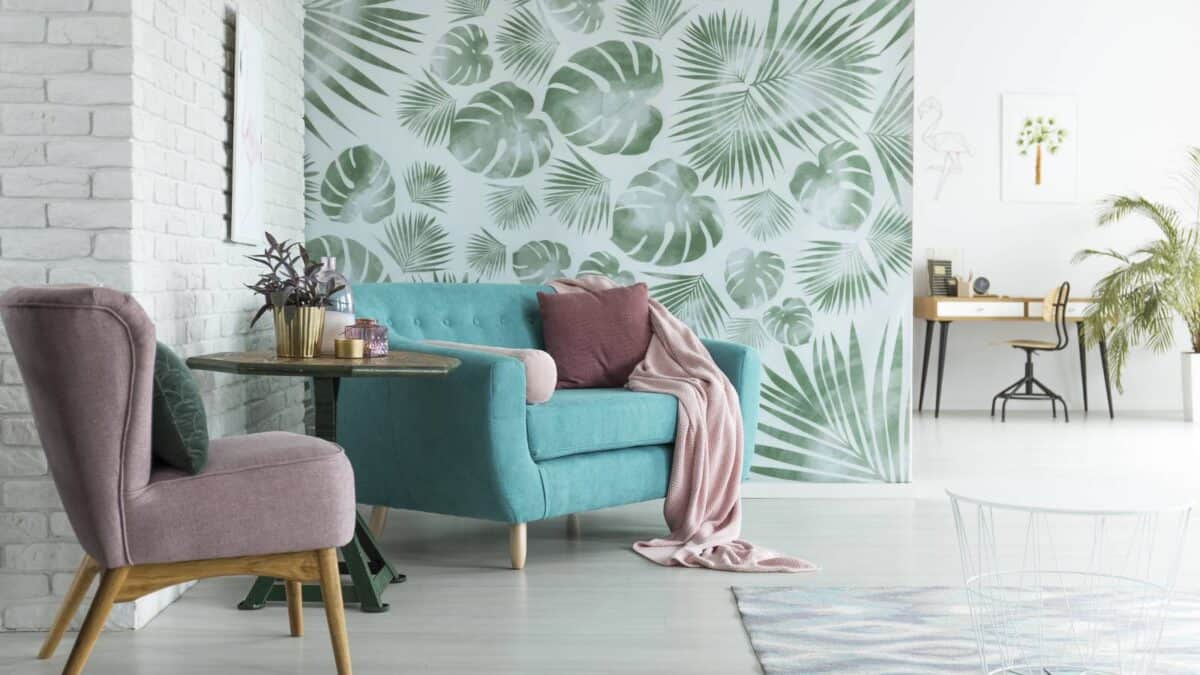 living room with organic wallpaper