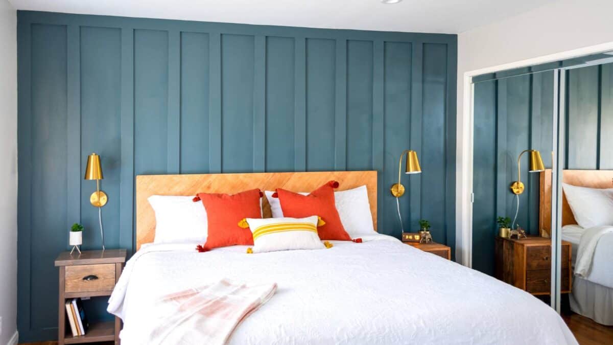 blue board and batten wall in bedroom
