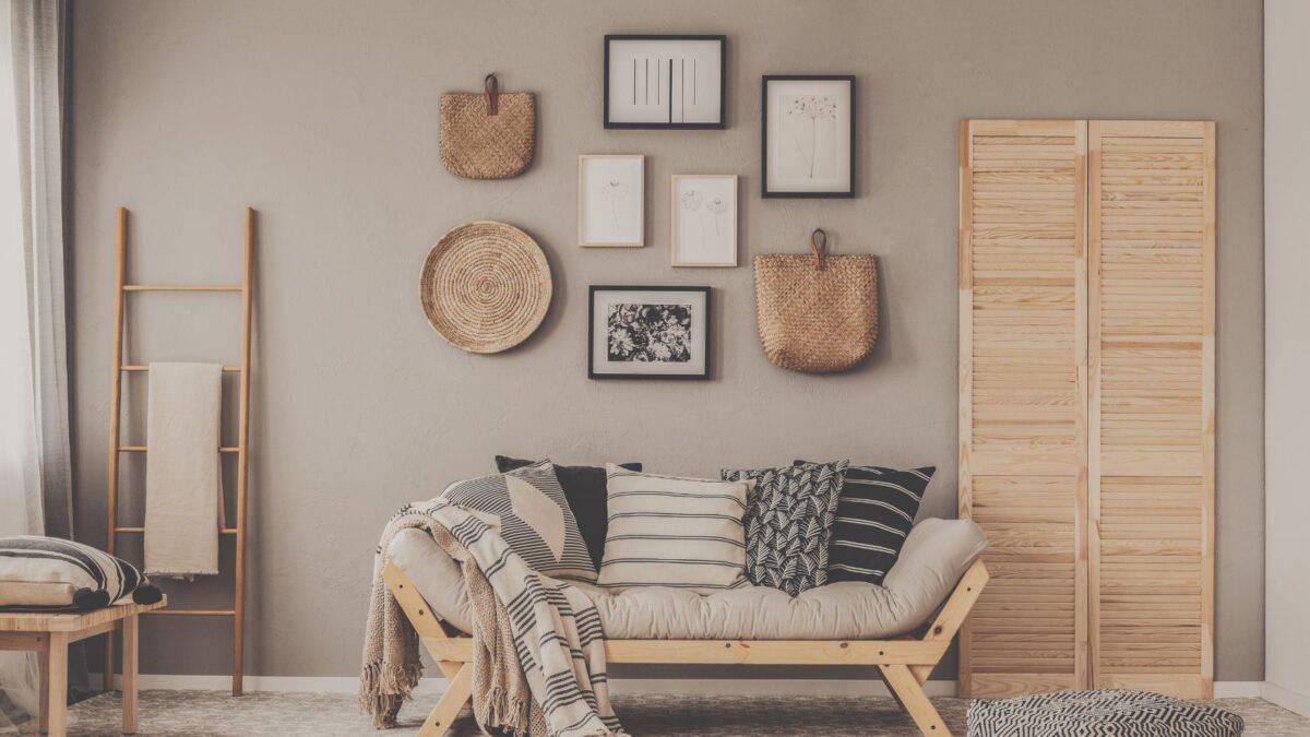 gallery wall with art and textured pieces