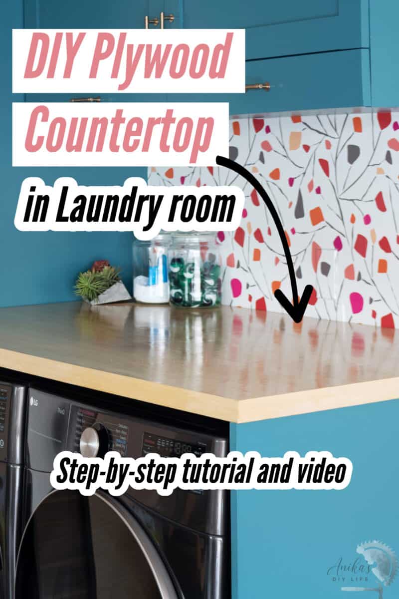 Plywood countertop in blue laundry room with text overlay