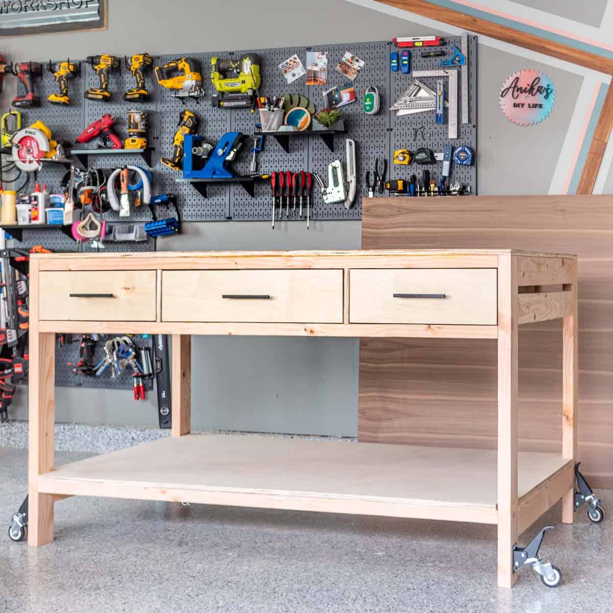 Build a DIY workbench with storage, including drawers and shelves, with this detailed step-by-step tutorial, video, and plans.