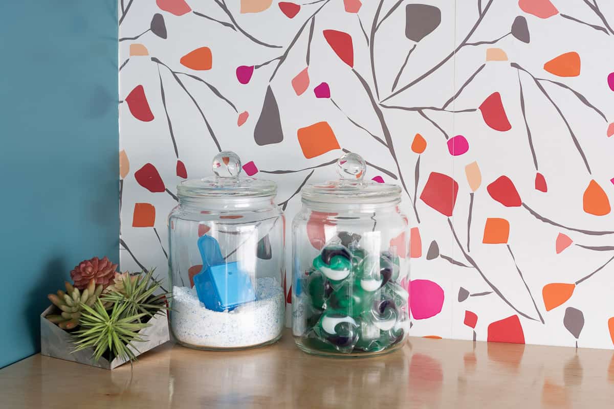 Close up of colorful terrazzo wallpaper in laundry room
