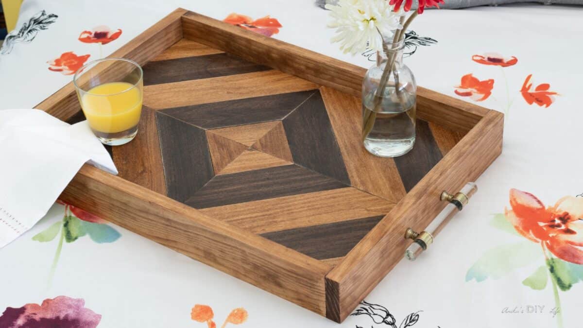wooden serving tray with glass handles