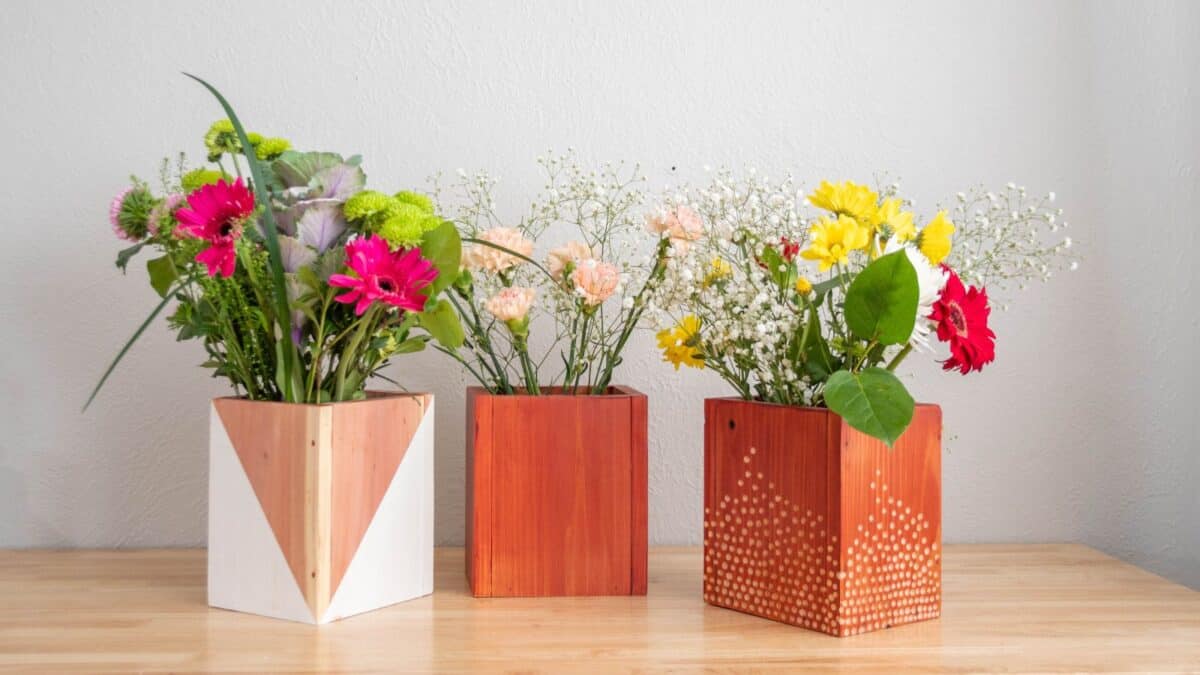 Three DIY wood vases with different finishes