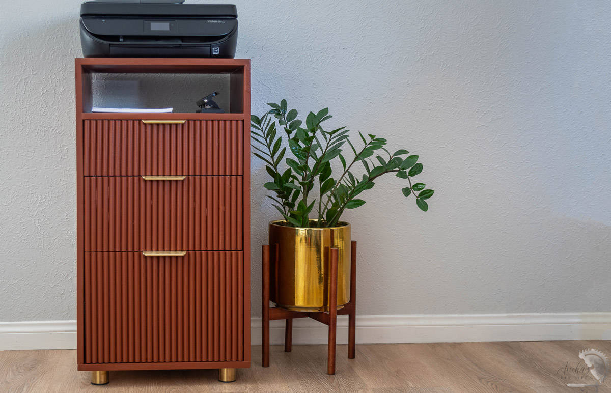 file cabinet and printer stand with plant next to it