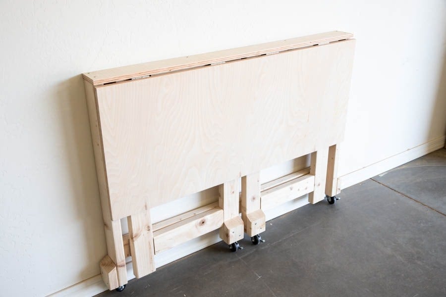 Workbench folded up against the wall