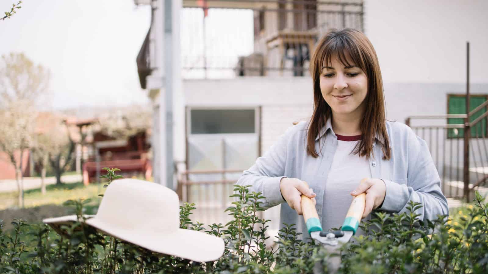 woman trimming bushes