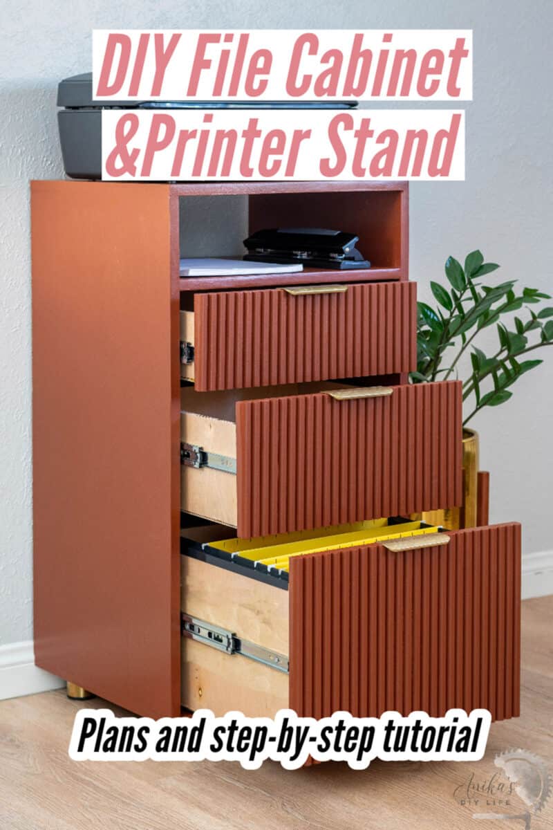 Terracotta colored wood DIY File Cabinet with. the drawers open with text overlay