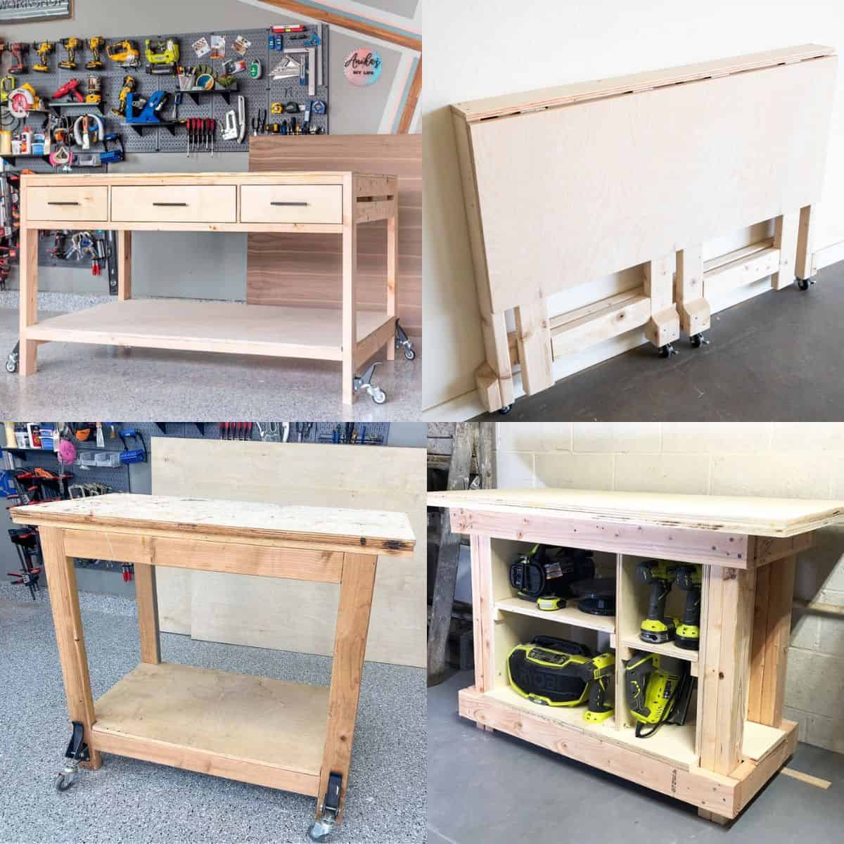Image collage of four DIY workbenches
