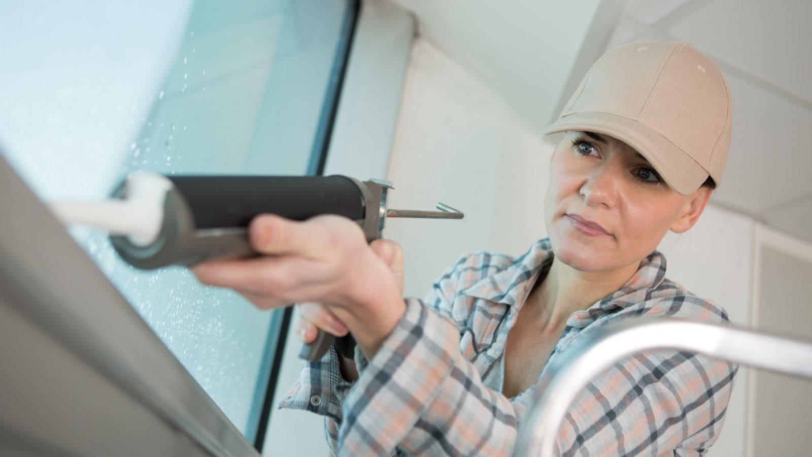 Woman caulking window