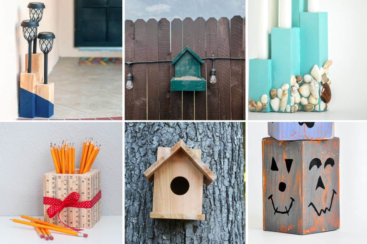 Image collage of six woodworking ideas for kids