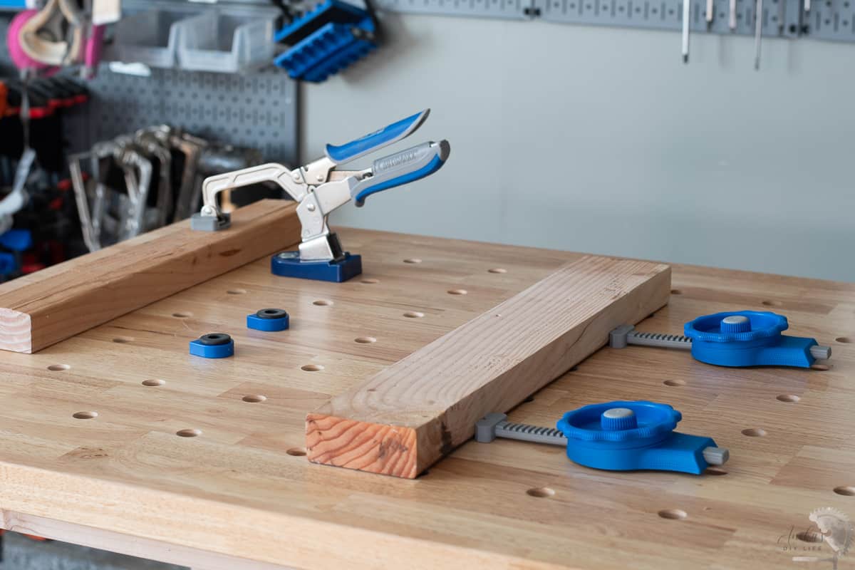 Kreg workbench accessories on workbench with dog holes