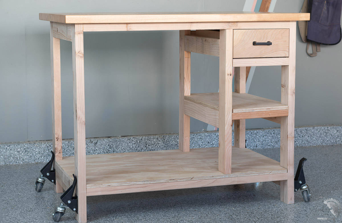small mobile DIY Workbench with shelves and drawer