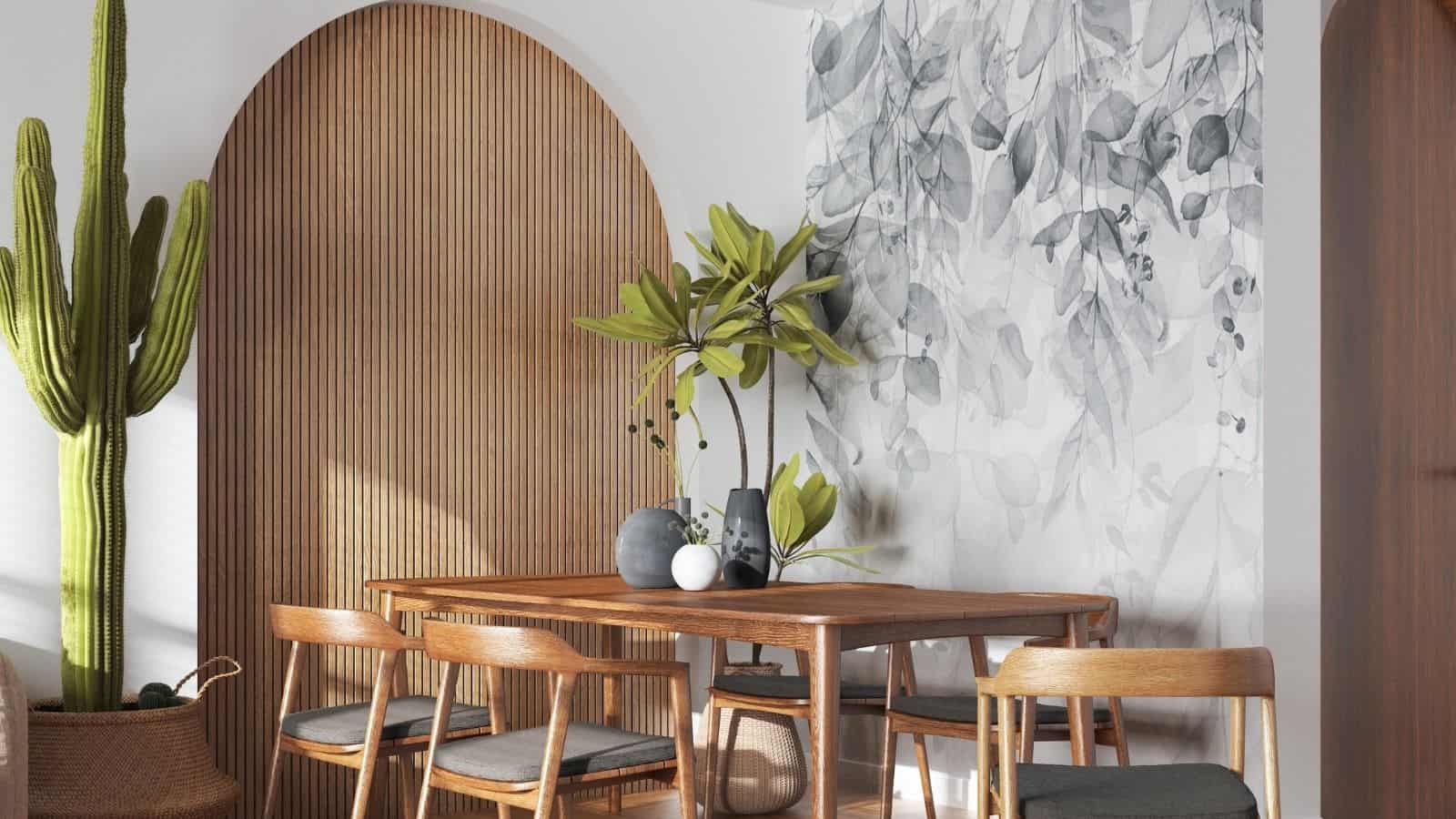 Wallpaper on an accent wall in the dining room