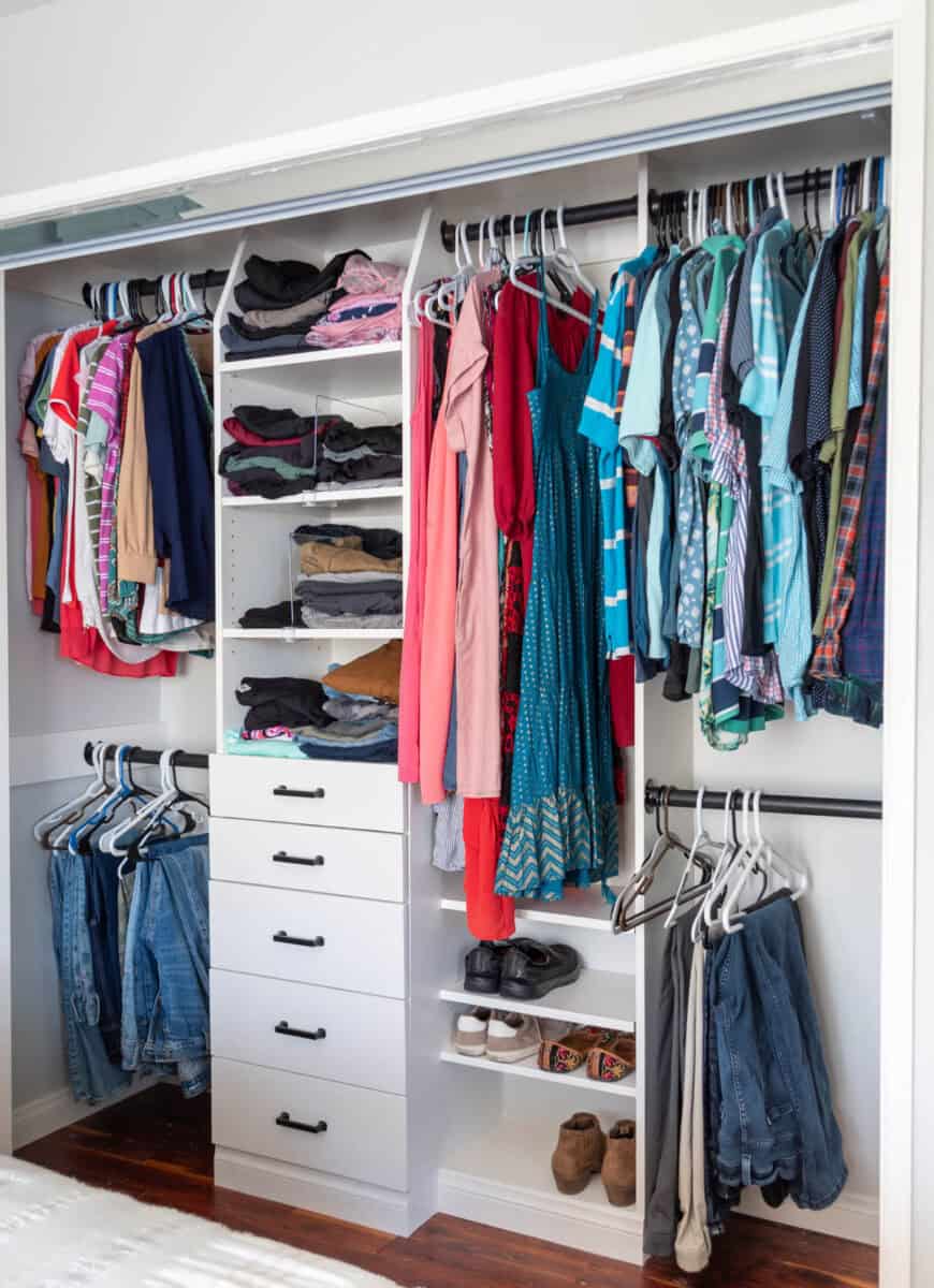 DIY closet organizer with drawers, and double hanging rods