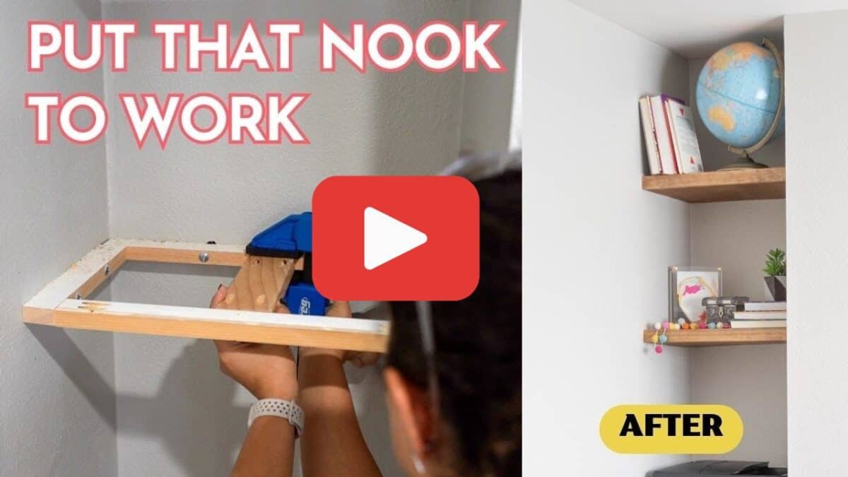 Nook shelves image with text overlay with Youtube play button