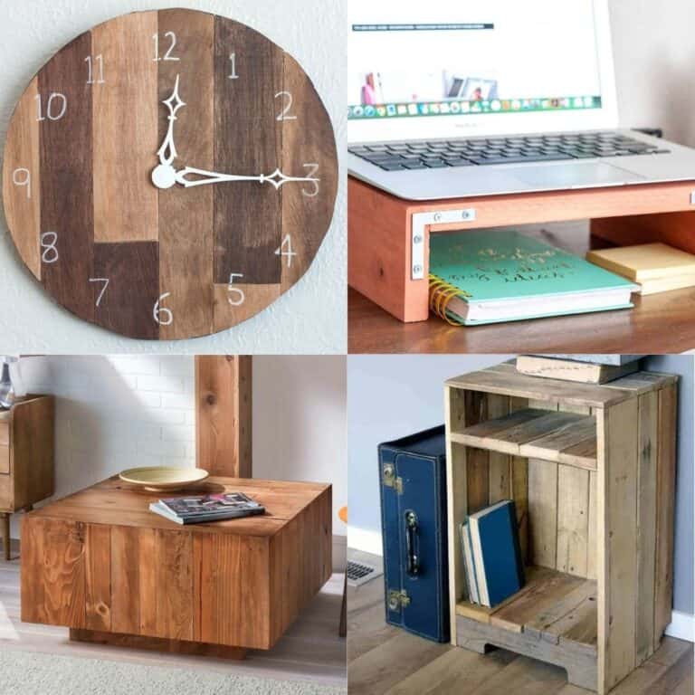 image collage of four pallet wood project ideas