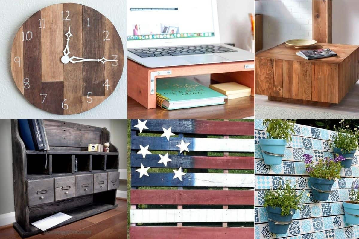 Image collage of six projects made from pallet wood