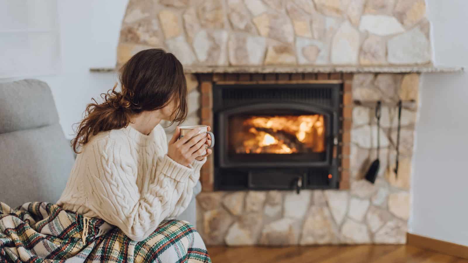 woman sitting in front of fireplace