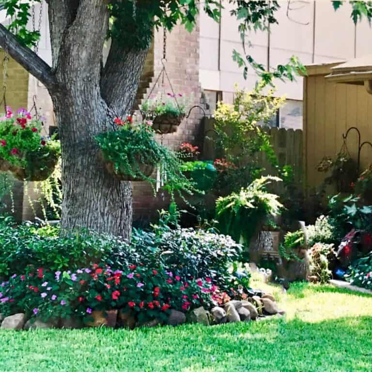front yard garden full of plants, flowers, and hanging baskets