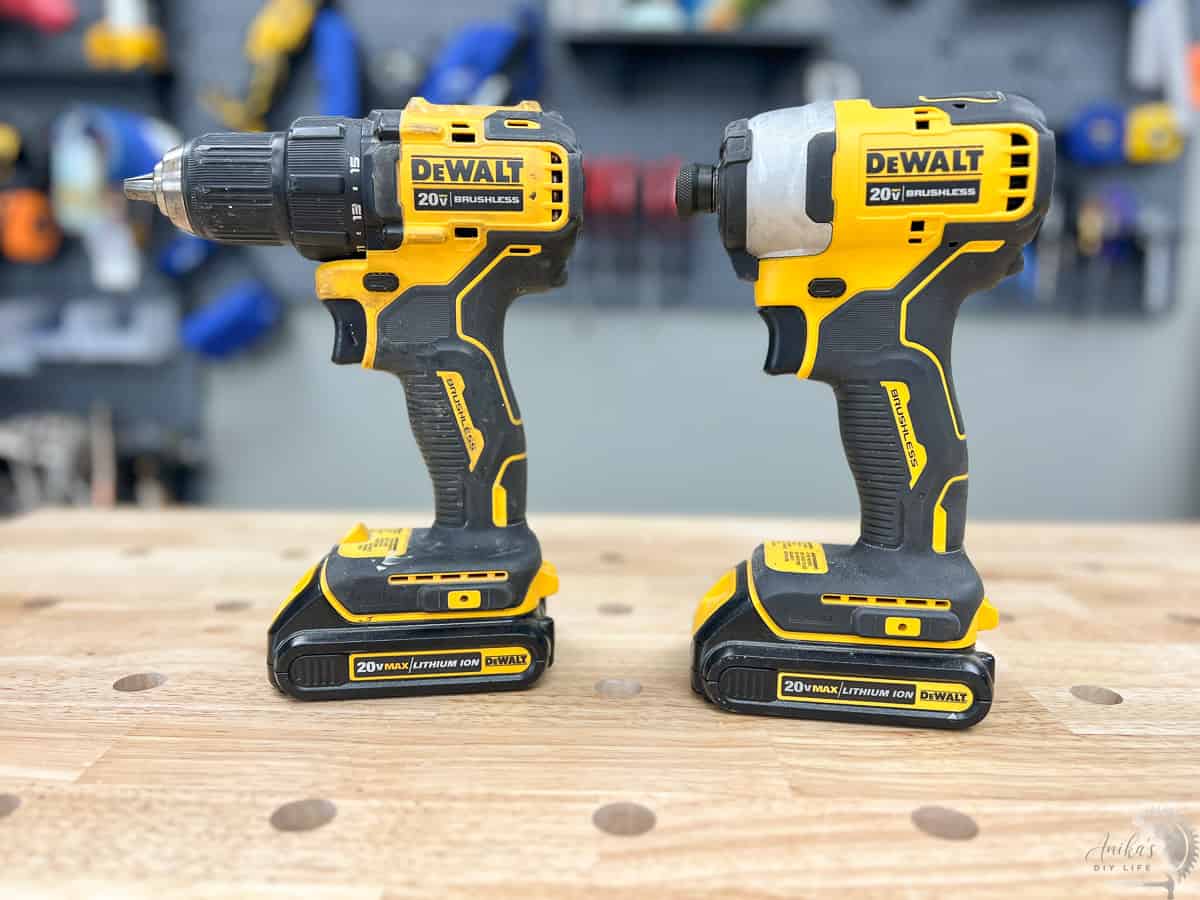 An drill and an impact driver on the workbench