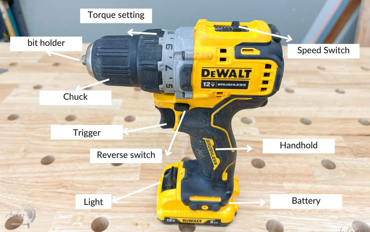 Dewalt drill on workbench with all parts labeled