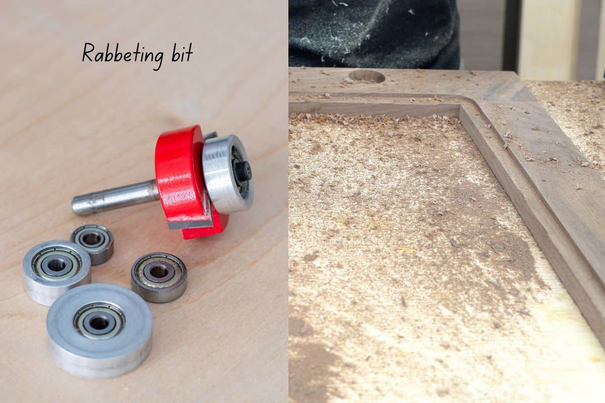 Rabbeting bit with a rabbet cut into a door frame using a router