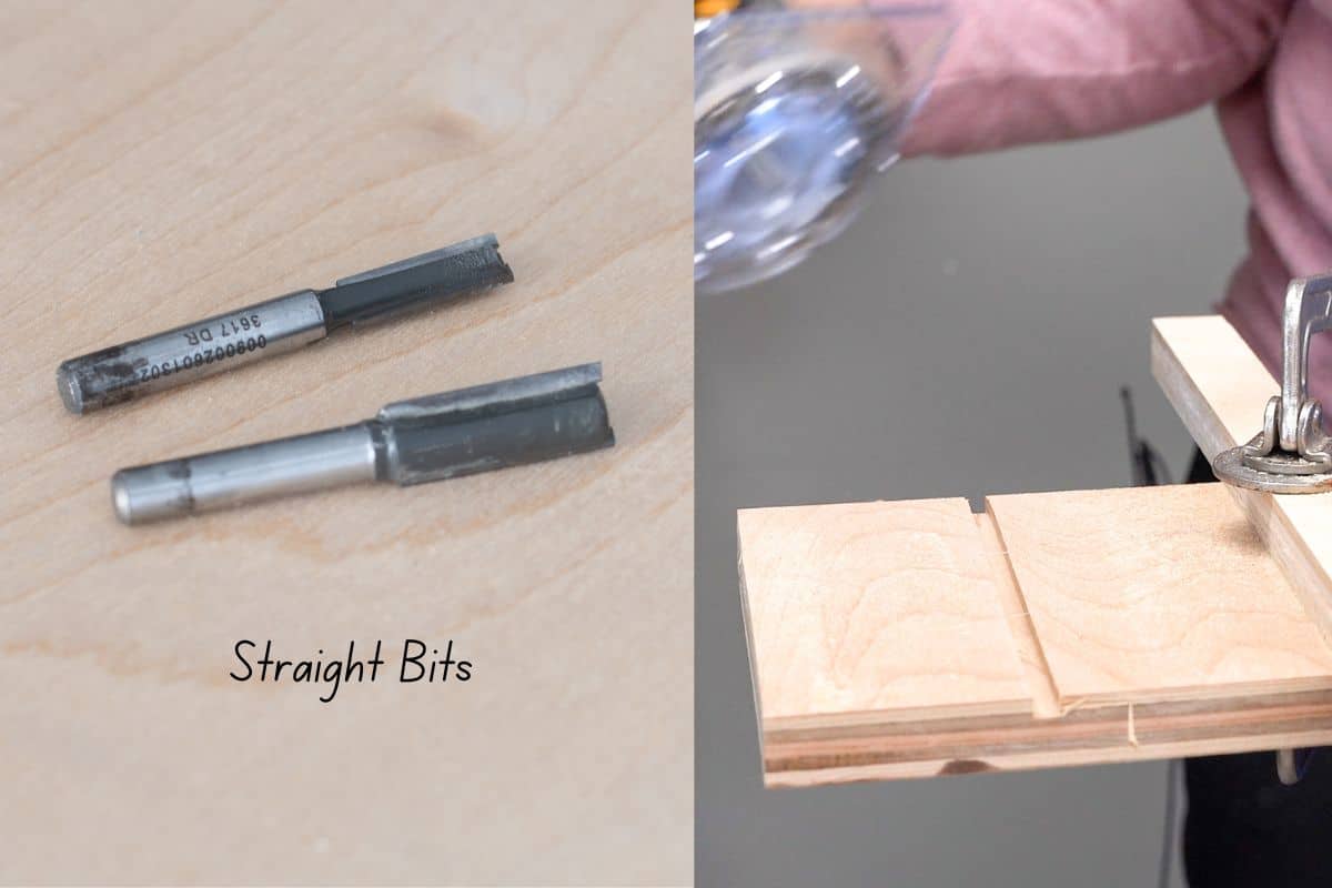 collage of straight bit and a groove in plywood using a straight router bit