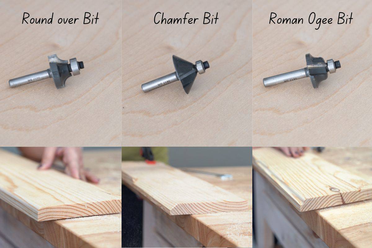 Collage of edge forming bits with the type of edge they make in wood