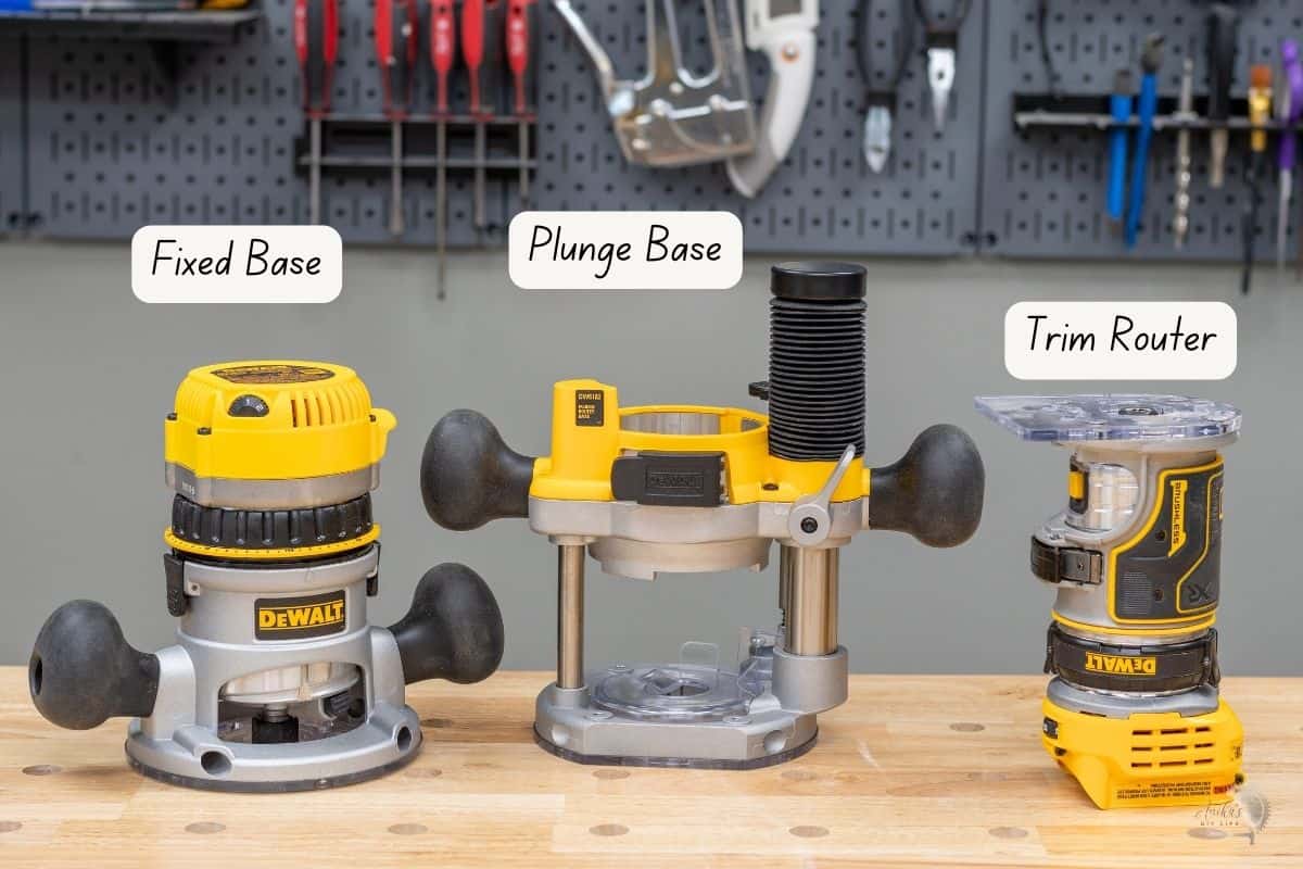 fixed base, plunge base and trim routers on a workbench with text labels