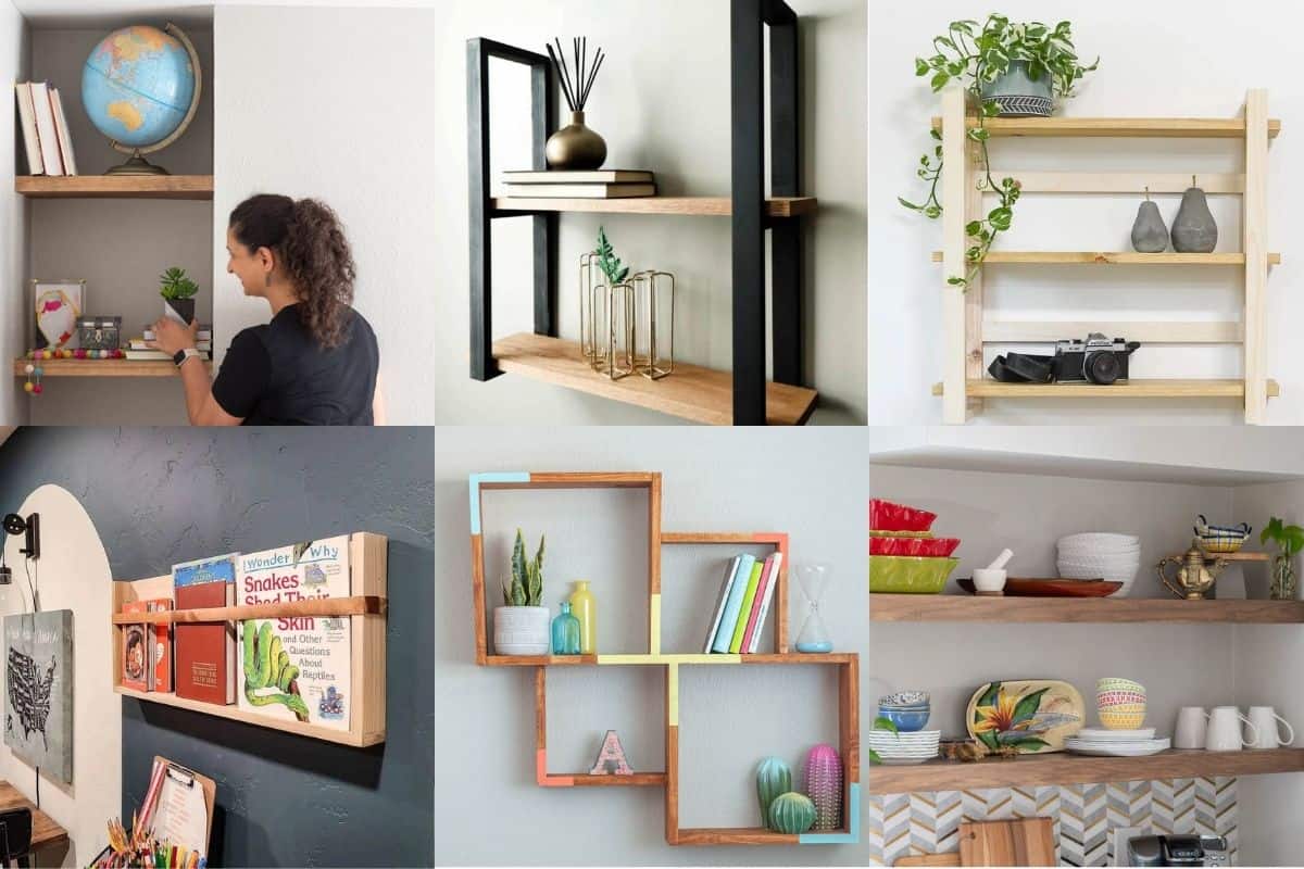 Collage of six various types of diy shelf ideas