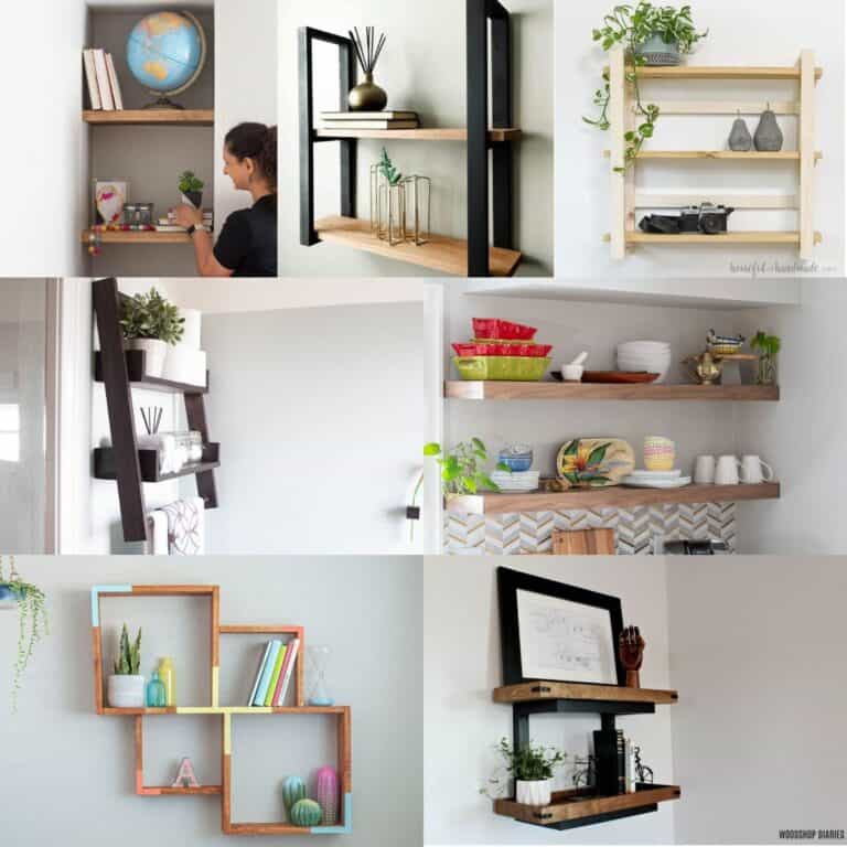 Image collage of seven DIY wall shelves