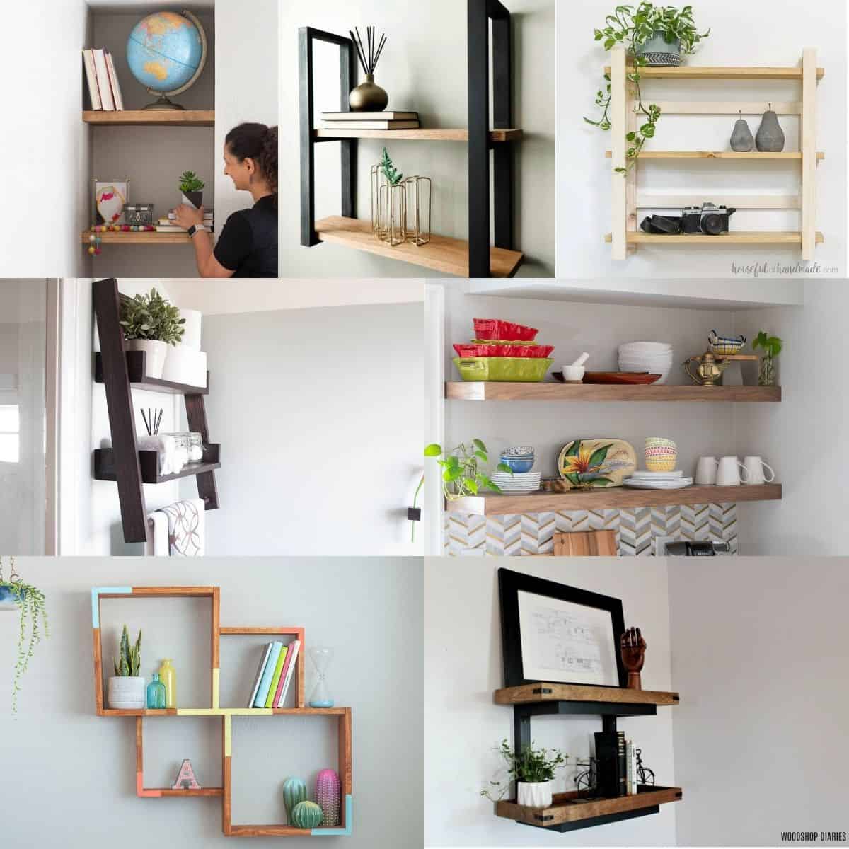 Image collage of seven DIY wall shelves