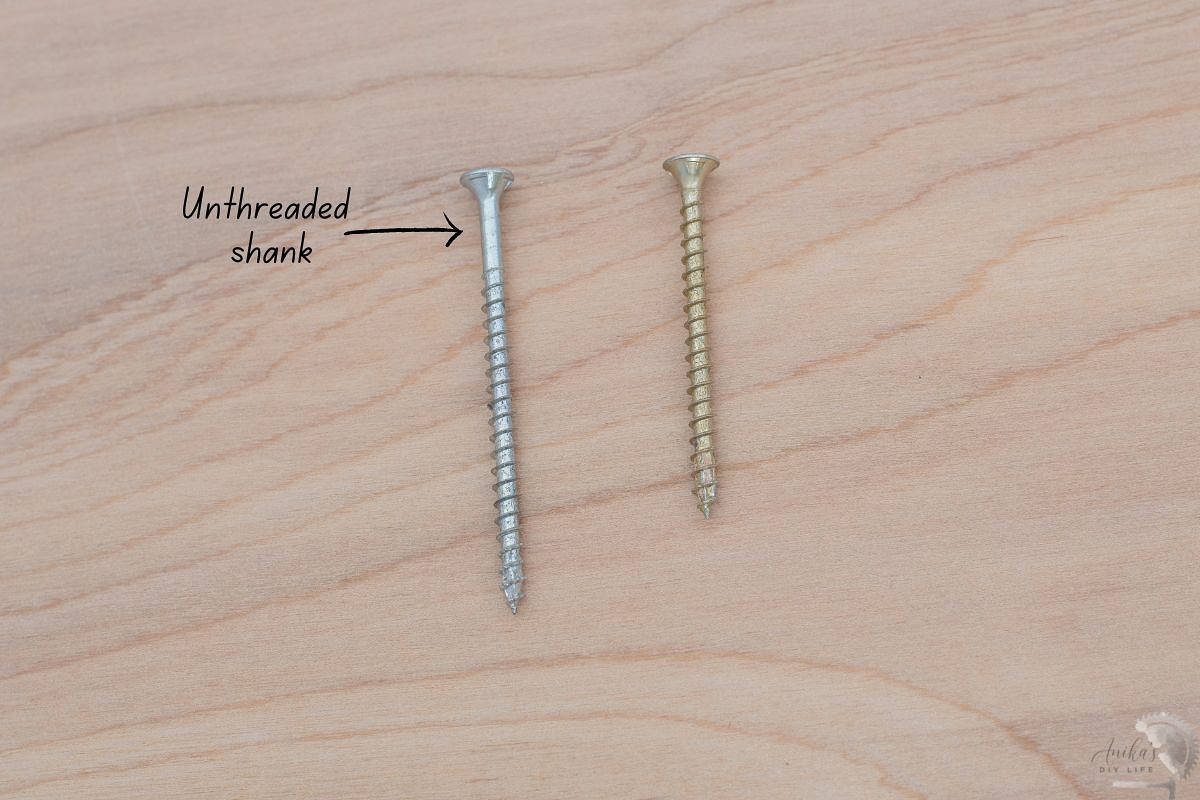 screws on wood surface with the unthreaded shank labeled