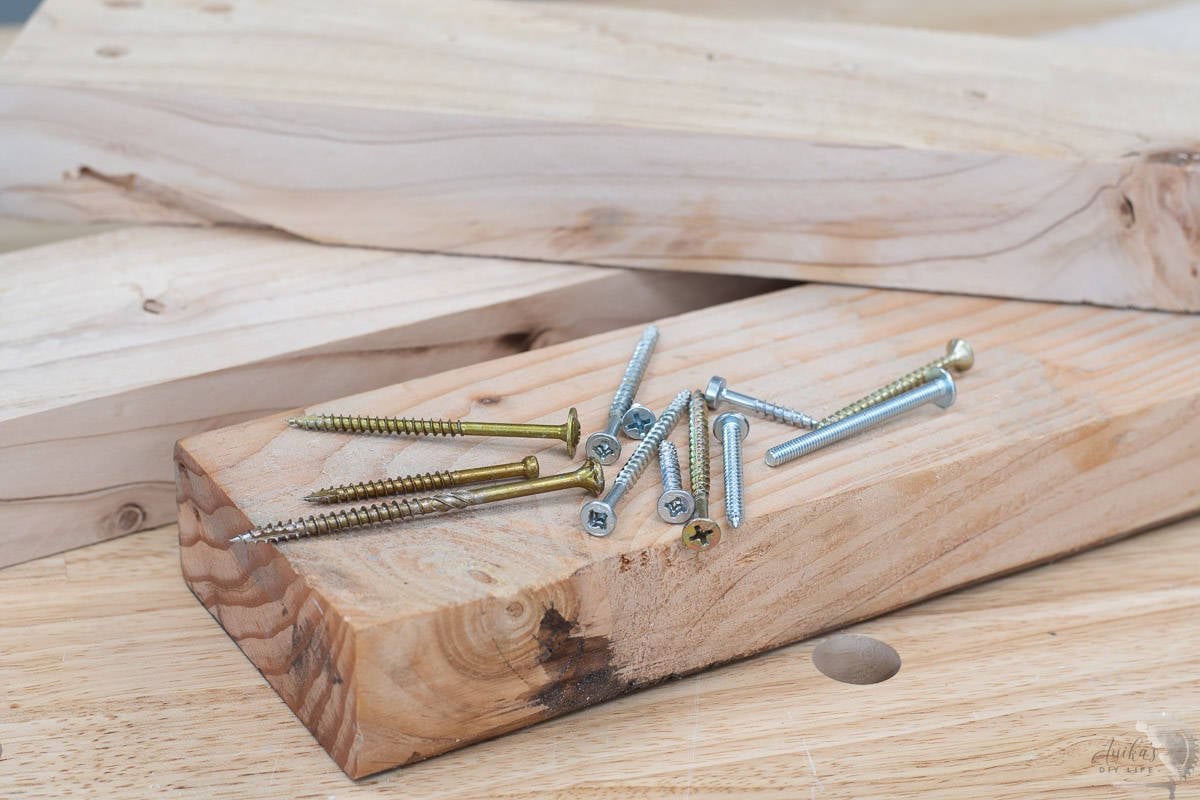 collection of wood screws on board