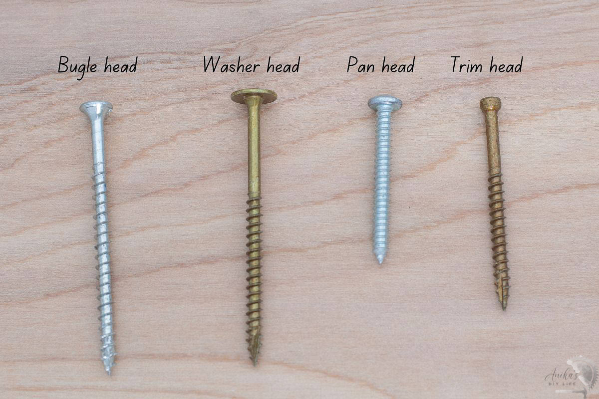 Four types of wood screw heads labeled