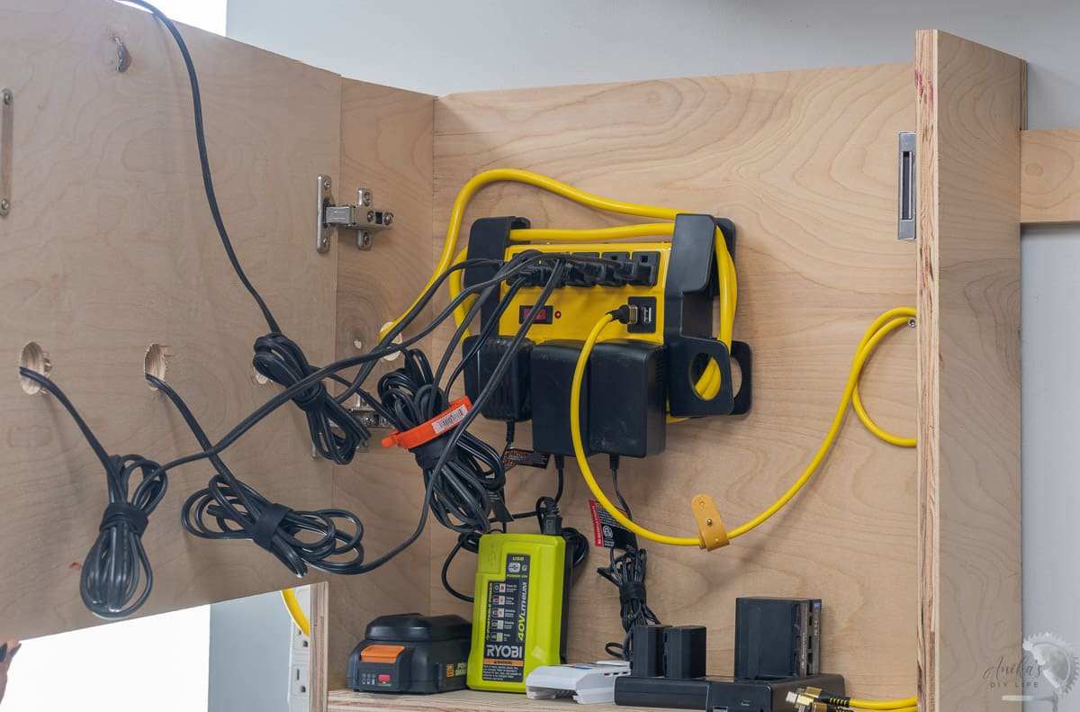 The inside of the battery charging cabinet showing all the wires