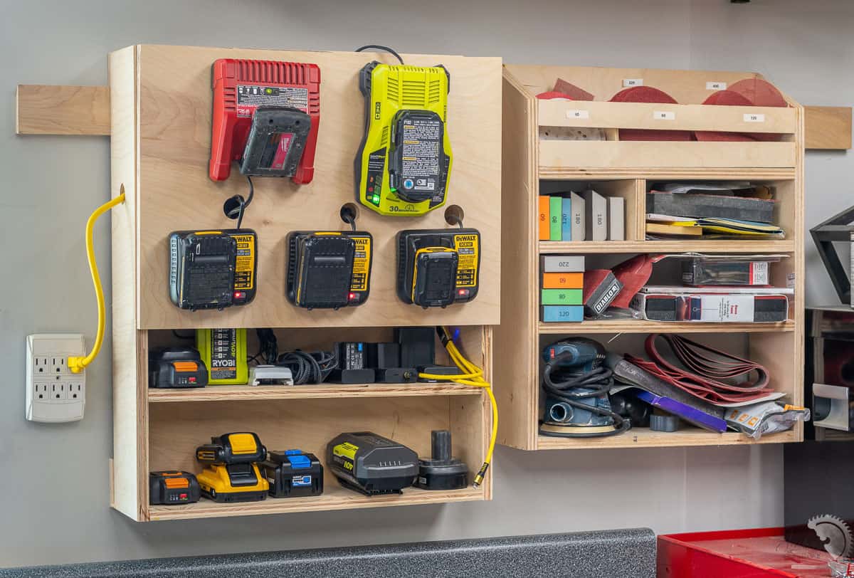 battery charging station and sandpaper organizer in workshop
