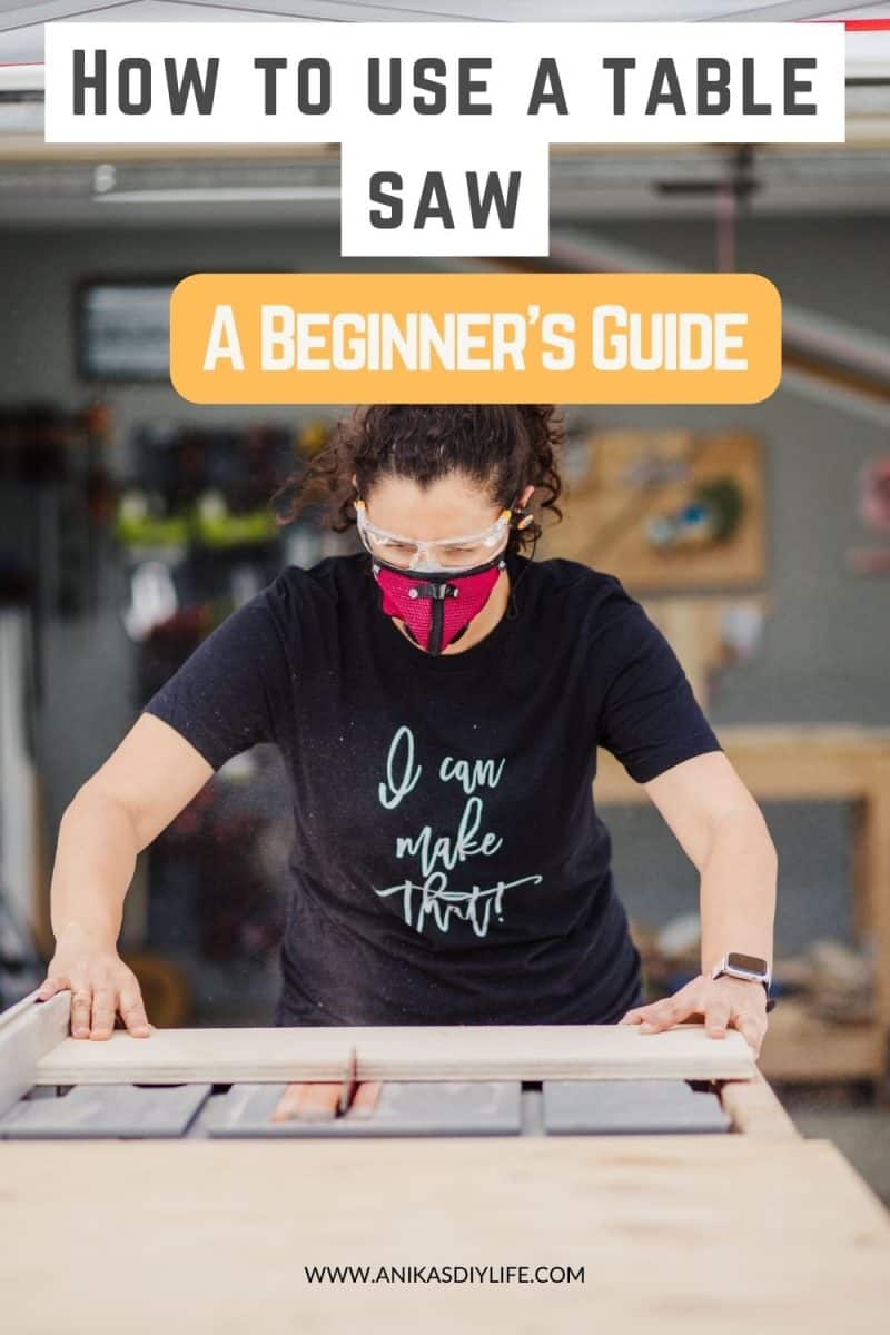 woman cutting plywood on table saw with text overlay