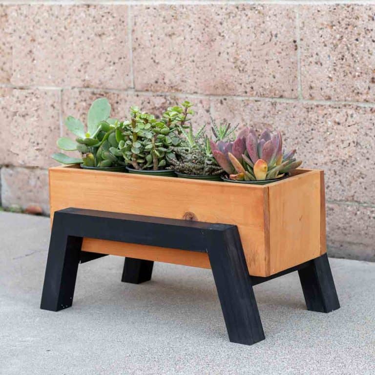 Learn how to make this modern DIY small wood planter box with angled legs. It is perfect for succulents or herbs, or as a centerpiece.