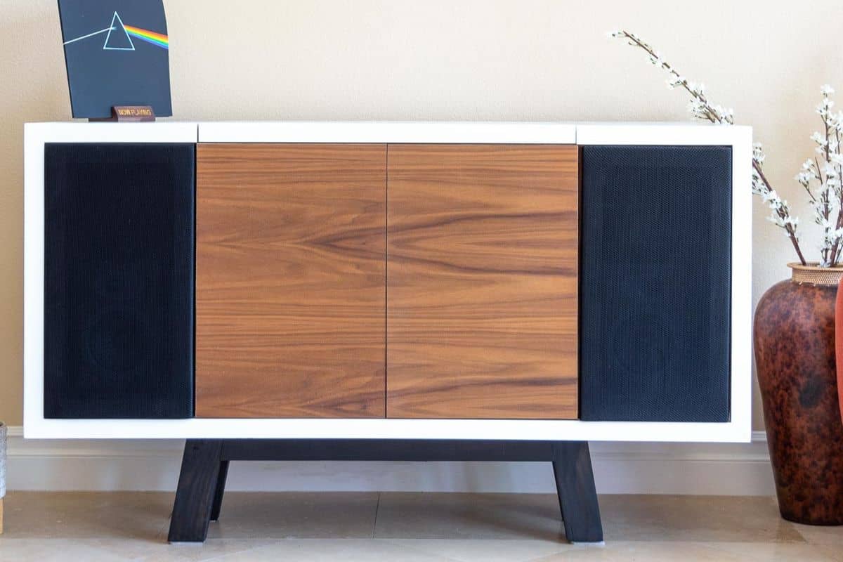 Walnut and white record player stand