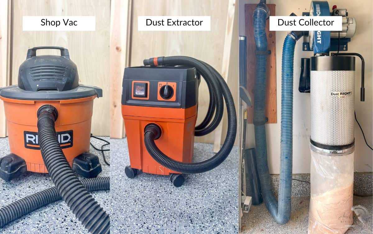 dust collectors for small shops - collage of a shop vac, dust extractor and dust collection system.
