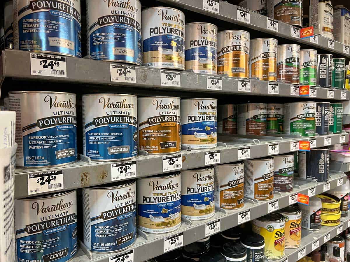 Various types of wood sealers in the store shelves