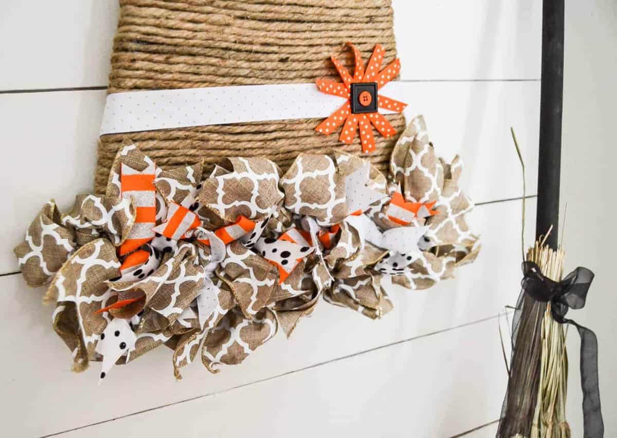 witch hat wreath made with twine and ribbon