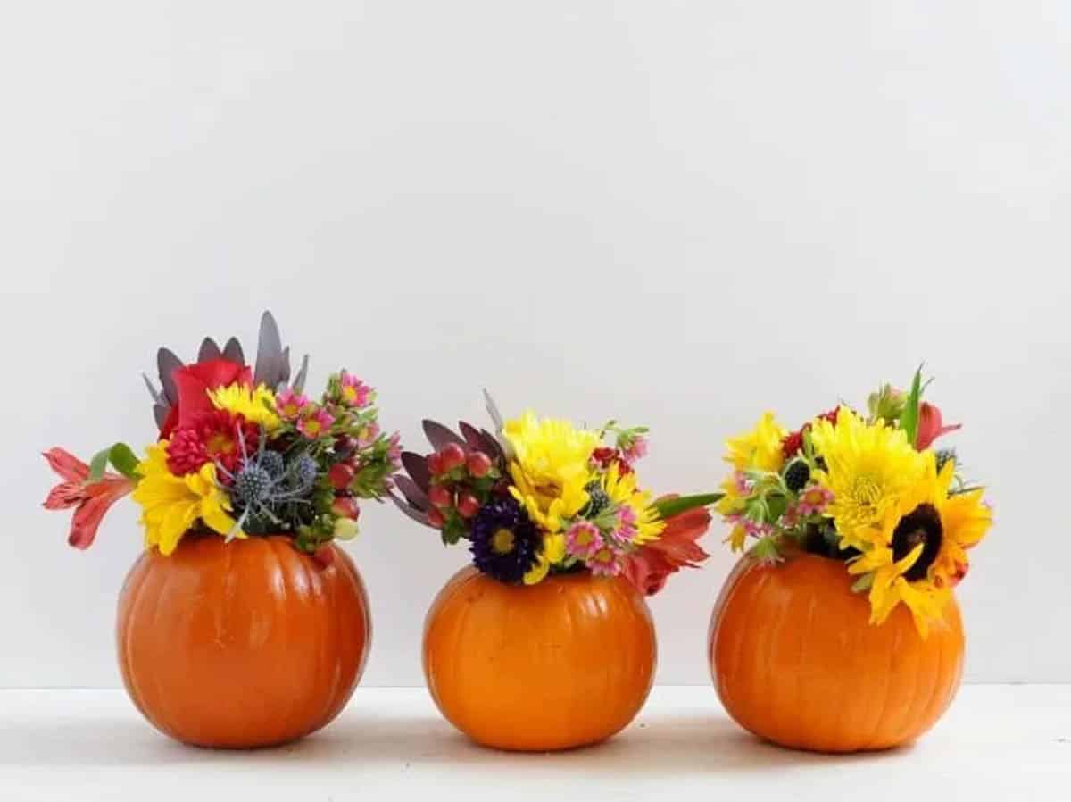 orange mini pumpkins made into vases for fall decor