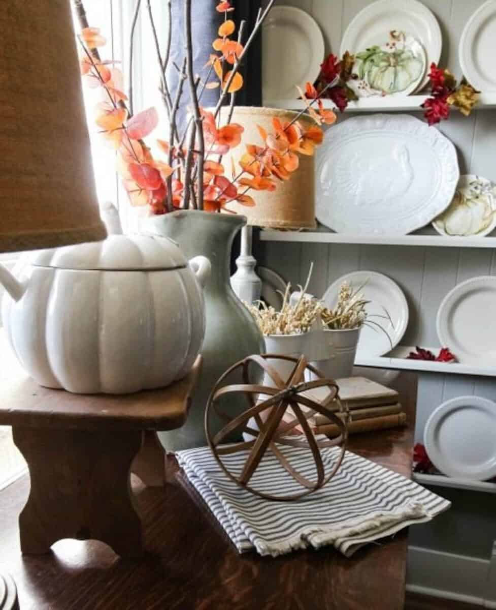 DIY hoop orb in a fall decor vignette